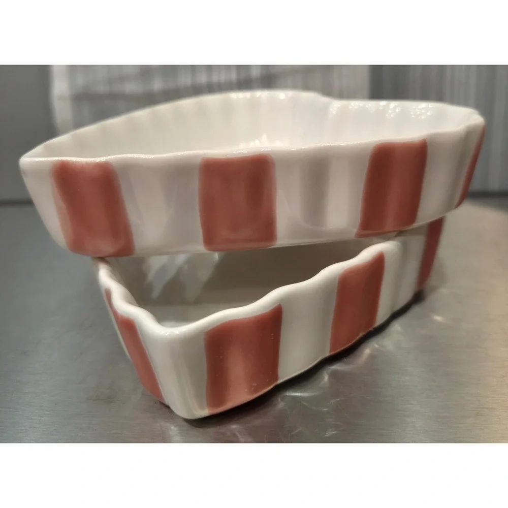 Pacific Island Creations Co Heart Ceramic Ramekin Set White Pink Striped Set/2 - Picture 2 of 9
